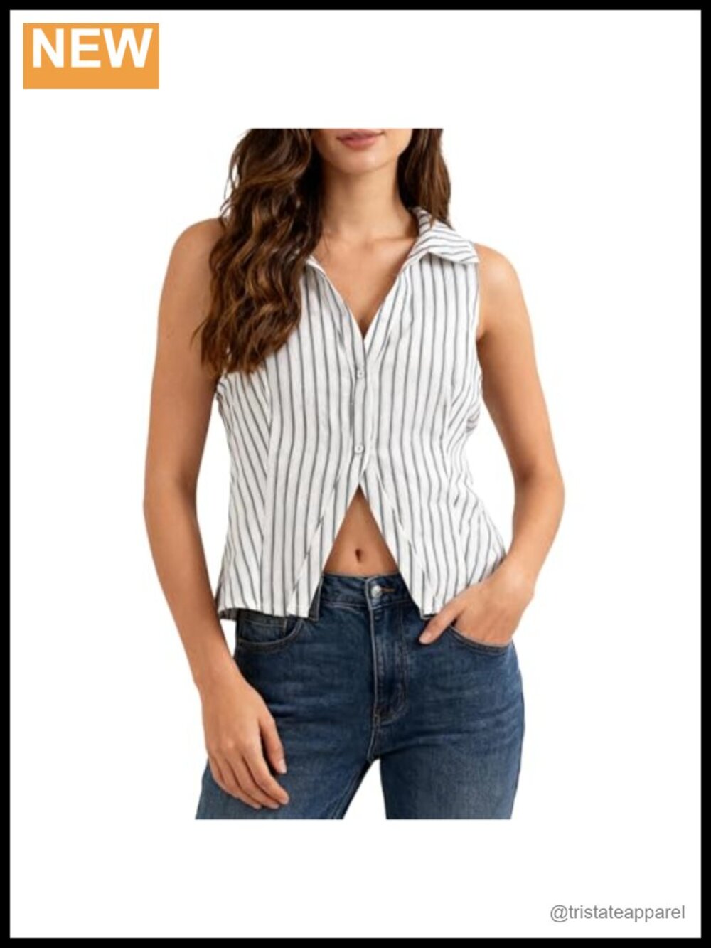 Womens Cotton Crop Button Down Vest Sleeveless V-Neck Striped